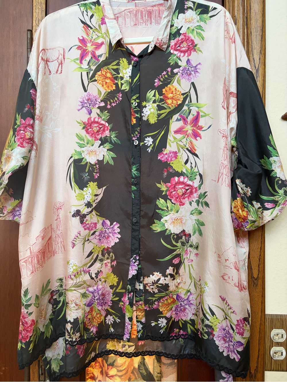 Johnny Was Pink & Black Floral Button-Down Shirt